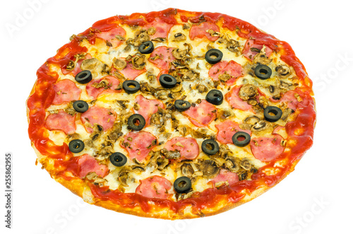 Tasty pizza with ham and mushrooms isolated on white background.