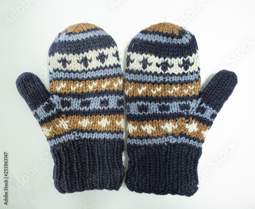 hand knit gloves with blue gold and white pattern