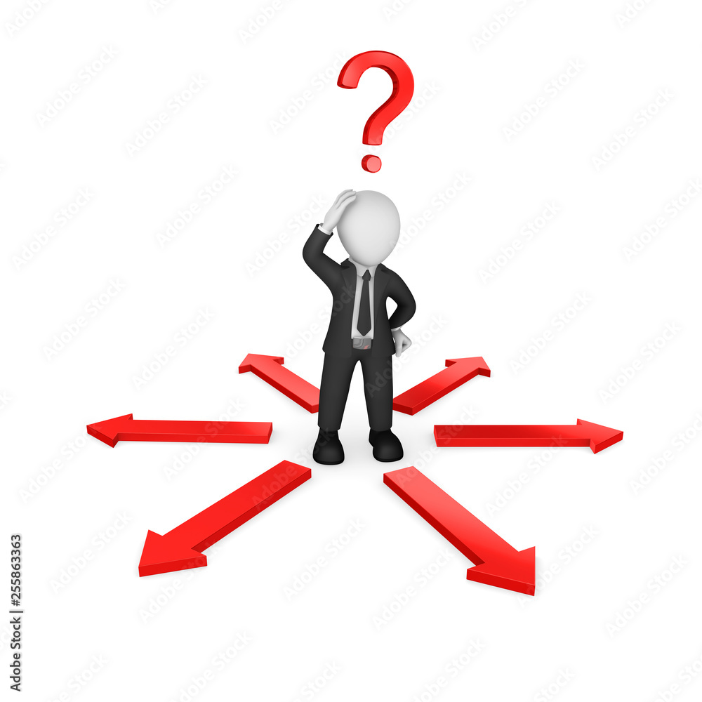 3d businessman with red arrows and question mark. 3d businessman with red arrows and question mark.