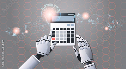 robot accountant using calculator top angle view artificial intelligence digital futuristic technology concept horizontal
