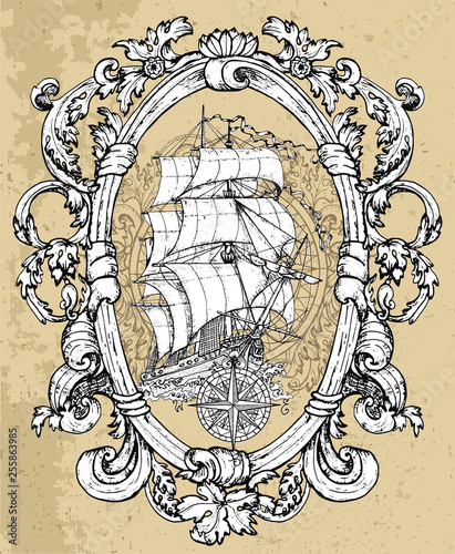 Decorated victorian frame with sea compass and antique sailboat against grunge texture. Vector nautical illustration, historical adventure concept, t-shirt graphic design element
