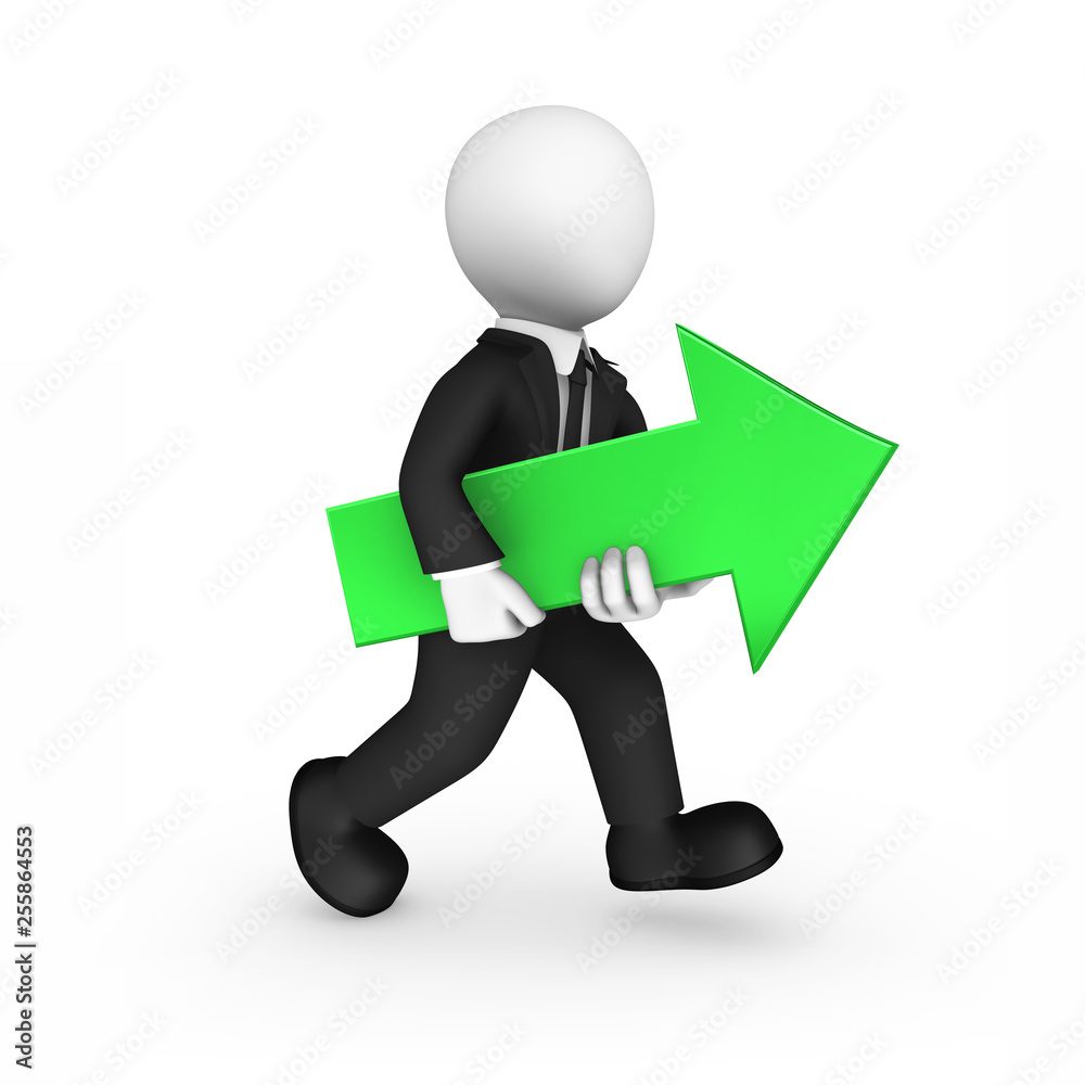 3d white businessman with green arrow in hands. 3d white businessman with green arrow in hands.