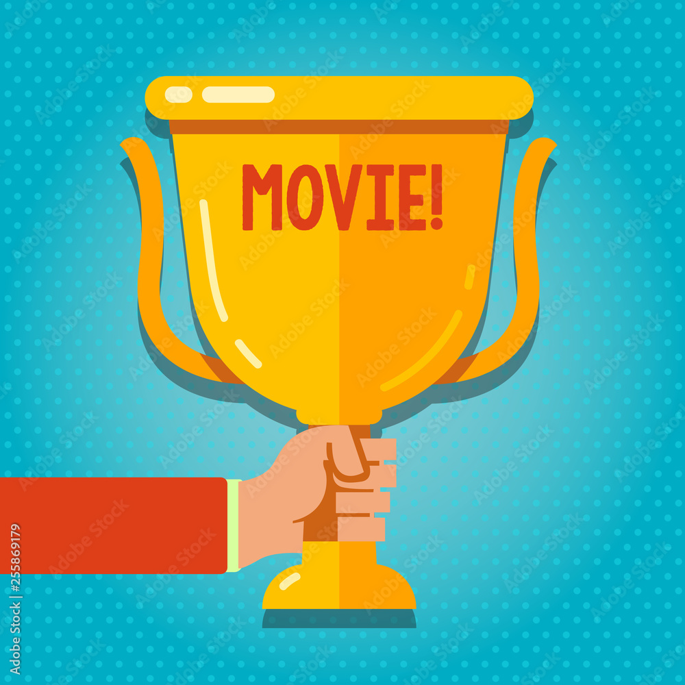 Word writing text Movie. Business photo showcasing Cinema or television film Motion picture Video displayed on screen Hand Holding Blank Golden Championship Winners Cup Trophy with Reflection Word writing text Movie. Business photo showcasing Cinema or television film Motion picture Video displayed on screen Hand Holding Blank Golden Championship Winners Cup Trophy with Reflection
