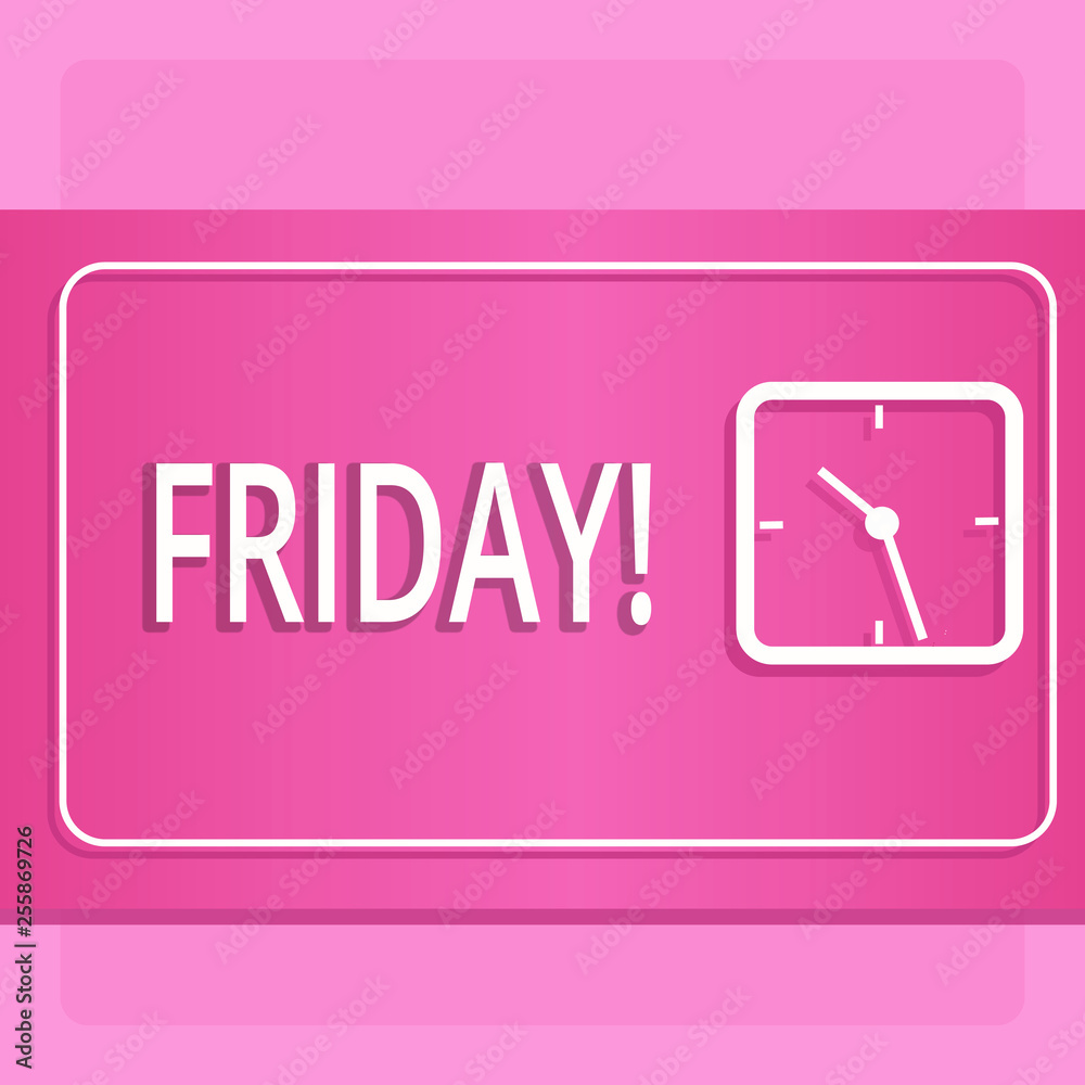 Handwriting text Friday. Conceptual photo Last day of working week Start weekend Relax time Modern Design of Transparent Square Analog Clock on Two Tone Pastel Backdrop Handwriting text Friday. Conceptual photo Last day of working week Start weekend Relax time Modern Design of Transparent Square Analog Clock on Two Tone Pastel Backdrop