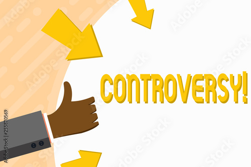Word writing text Controversy. Business photo showcasing Disagreement or Argument about something important to showing Hand Gesturing Thumbs Up and Holding on Blank Space Round Shape with Arrows © Artur