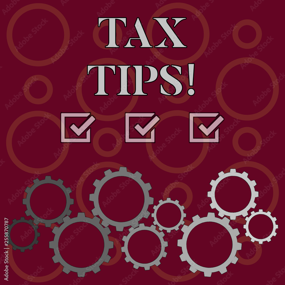 Word writing text Tax Tips. Business photo showcasing compulsory contribution to state revenue levied by government Colorful Cog Wheel Gear Engaging, Interlocking and Tesselating Flat Style