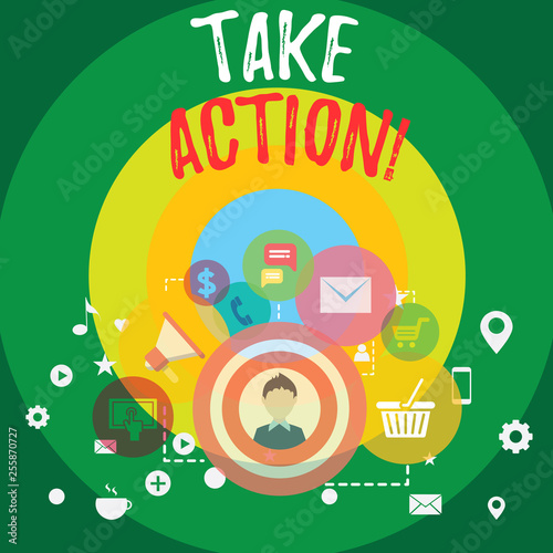 Handwriting text Take Action. Conceptual photo do something official or concerted to achieve aim with problem photo of Digital Marketing Campaign Icons and Elements for Ecommerce