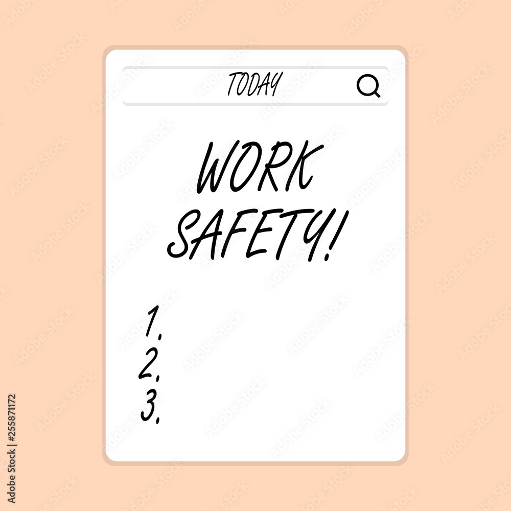 Handwriting text writing Work Safety. Conceptual photo policies and procedures in place to ensure health of employees Search Bar with Magnifying Glass Icon photo on Blank Vertical White Screen