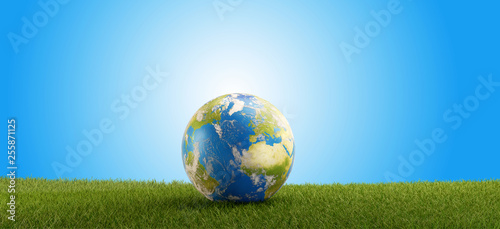 Fototapeta Naklejka Na Ścianę i Meble -  earth globe and green grass field 3d-illustration. elements of this image furnished by NASA