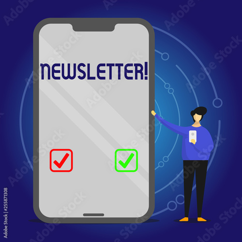 Writing note showing Newsletter. Business concept for Bulletin periodically sent to subscribed members News report Man Presenting Huge Smartphone while Holding Another Mobile © Artur