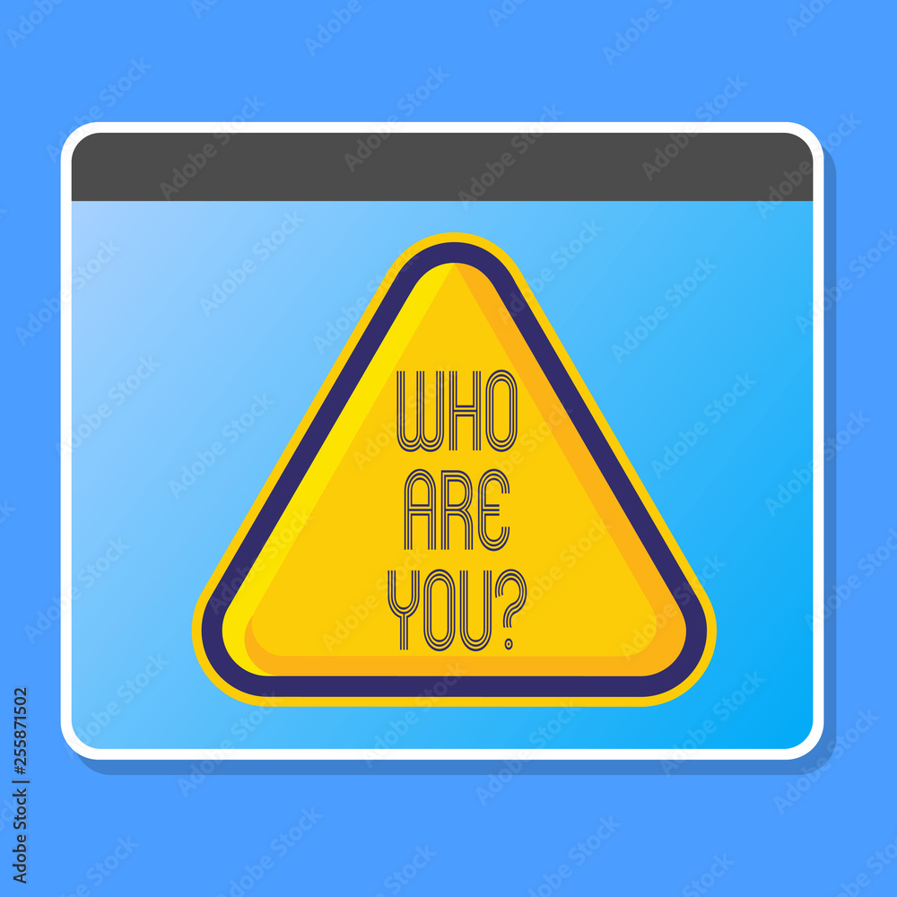 Word writing text Who Are You Question. Business photo showcasing asking about someone identity or demonstratingal information Blank Yellow Embossed Triangle with Border as Web Button In Tablet Screen Word writing text Who Are You Question. Business photo showcasing asking about someone identity or demonstratingal information Blank Yellow Embossed Triangle with Border as Web Button In Tablet Screen
