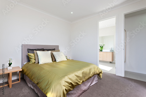 Closeup view of the modern bedroom interior with entrance to the washroom photo