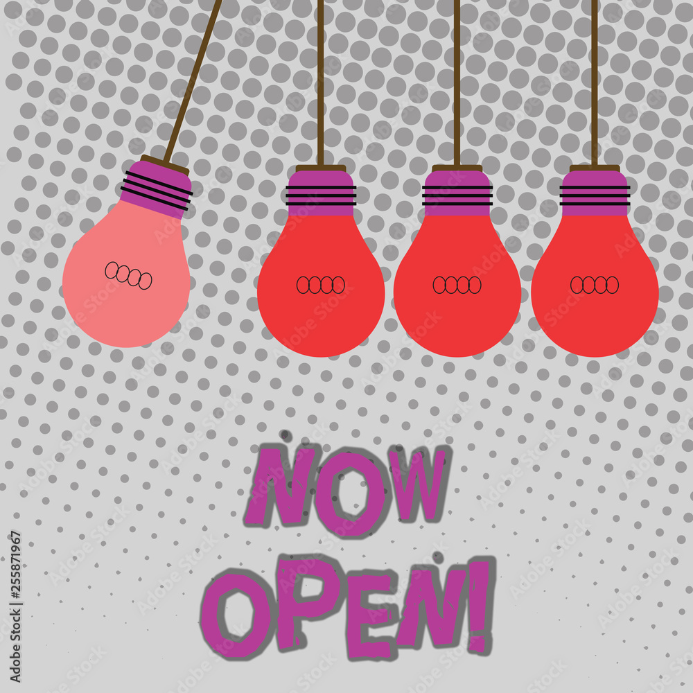 Handwriting text Now Open. Conceptual photo leave door or windows not closed or barred at this current time Color Incandescent Pendant Bulb Hanging with One Different Shade Lightbulb Handwriting text Now Open. Conceptual photo leave door or windows not closed or barred at this current time Color Incandescent Pendant Bulb Hanging with One Different Shade Lightbulb