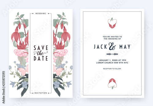 Floral wedding invitation card template design, Fuchsia icy pink and balloon flowers with leaves on white pastel vintage theme
