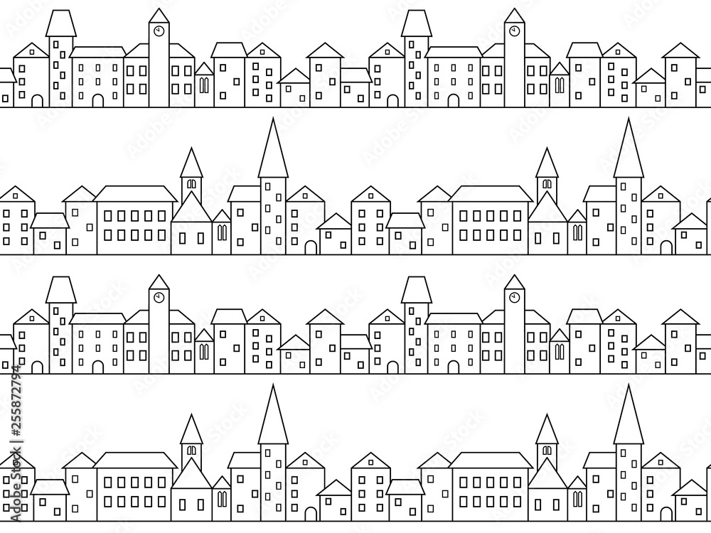 Black and white houses and buildings small town street linear art seamless pattern, vector