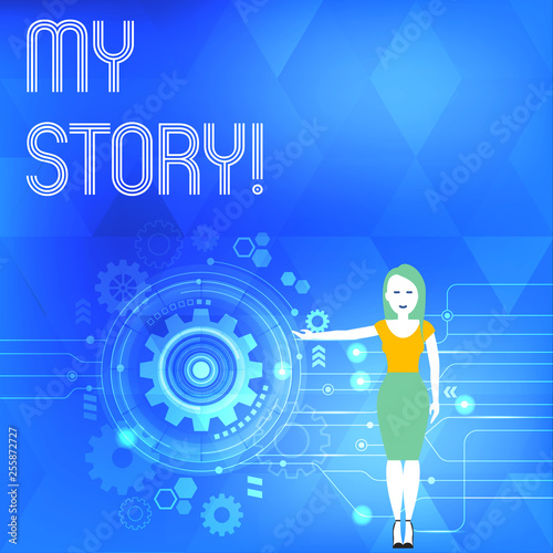 Conceptual hand writing showing My Story. Concept meaning your past life events actions or choices you made Woman Presenting the SEO Process with Cog Wheel Gear inside
