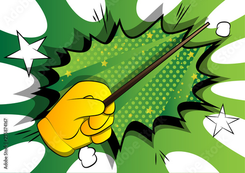 Vector cartoon hand with Magic Stick. Illustrated hand on comic book background.