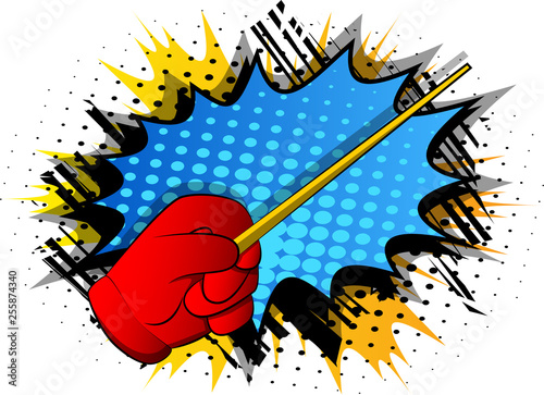 Vector cartoon hand with Magic Stick. Illustrated hand on comic book background.