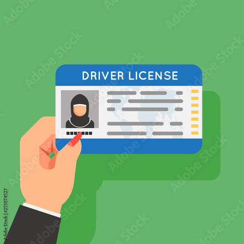 Arab woman driver license hand hold car driver license female identification photo flat design vector illustration