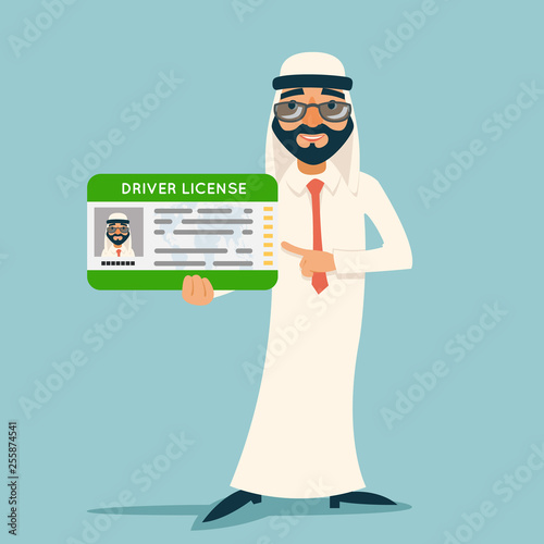 Cartoon character arab car driver license businessman traditional national muslim clothes retro design vector illustration
