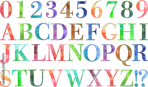 水彩テクスチャのアルファベットと数字のセット（明朝体）