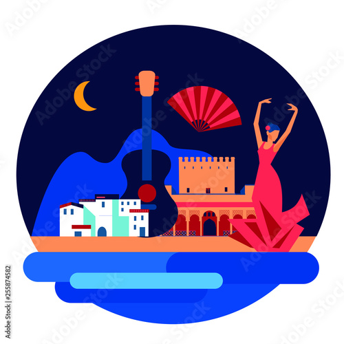 Andalucian vector circle emblem of mediterranean town and flamenco dancing woman