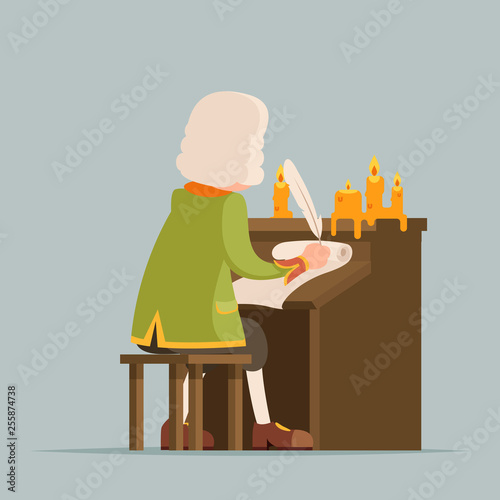 Back chronicler noble writer scribe playwright medieval aristocrat periwig pen music stand scroll candles mascot cartoon design vector illustration photo