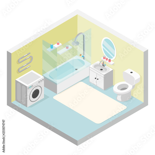 Bathroom isometric toilet sink washing machine shower modern furniture room cutaway flat design isolated concept vector illustration