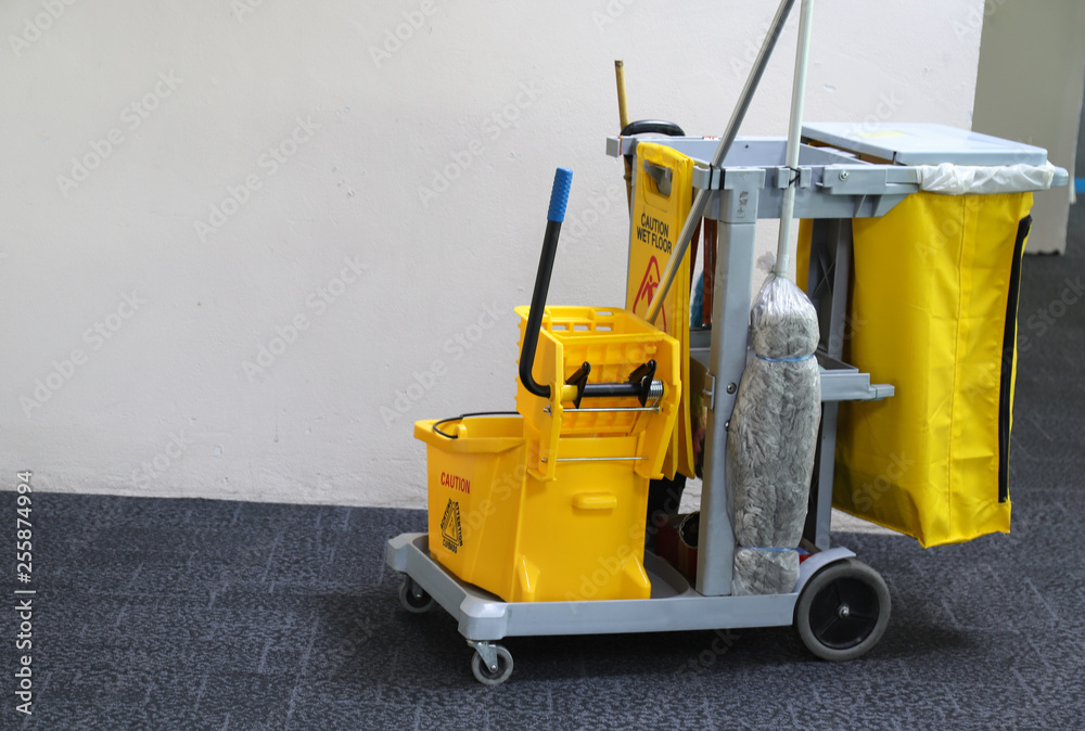 Closeup of janitorial, cleaning equipment and tools for floor cleaning at the airport. 