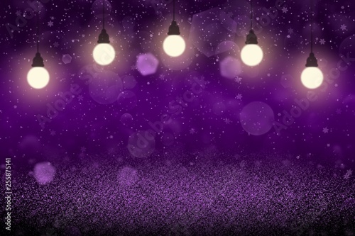 purple wonderful shining glitter lights defocused bokeh abstract background with light bulbs and falling snow flakes fly, festal mockup texture with blank space for your content