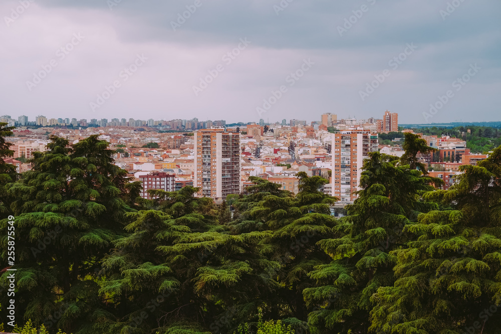 Aerial view of buildings in the city with green trees in Madrid, Spain.