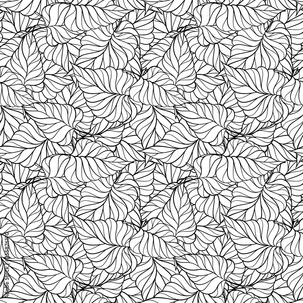 Abstract black and white leaves vector seamless pattern