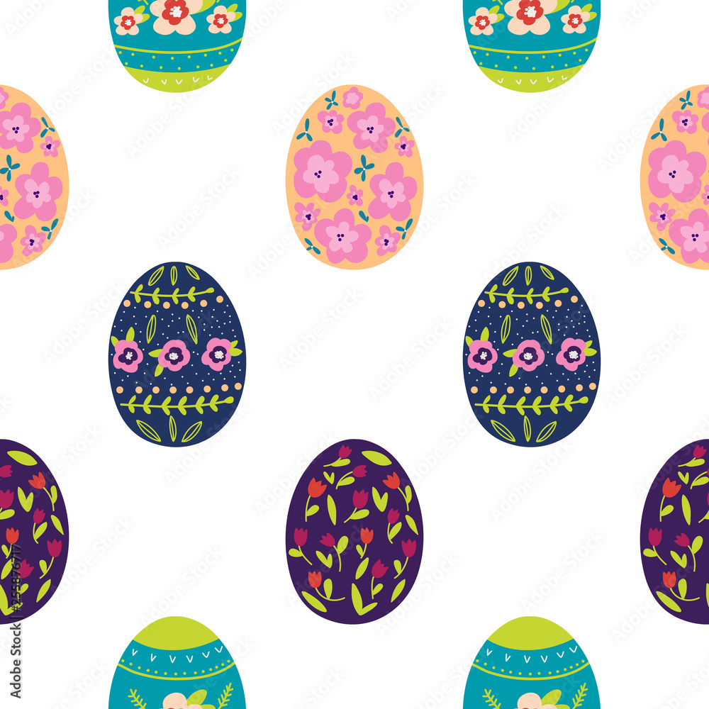 Easter eggs seamless pattern vector illustrations. Different floral ornaments. Sketch for wrapping paper.