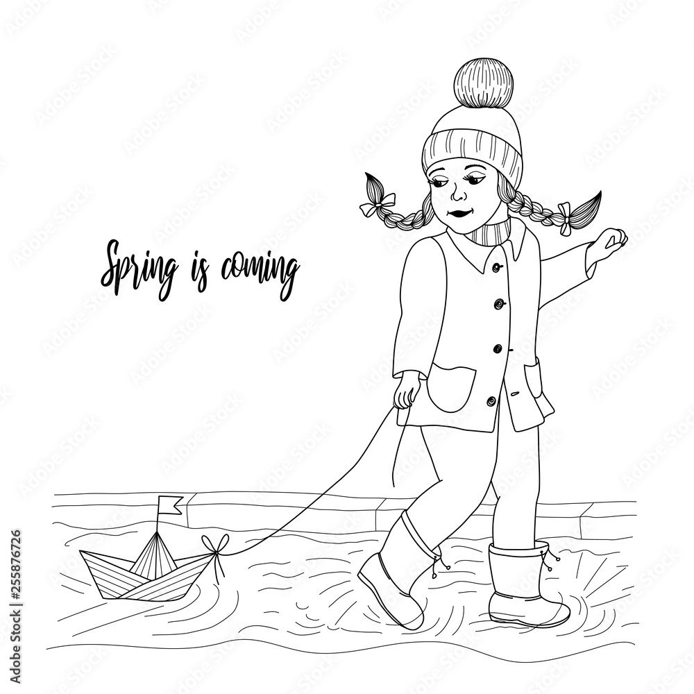 Little girl pulling toy boat with rope while waiking on stream vector illustration