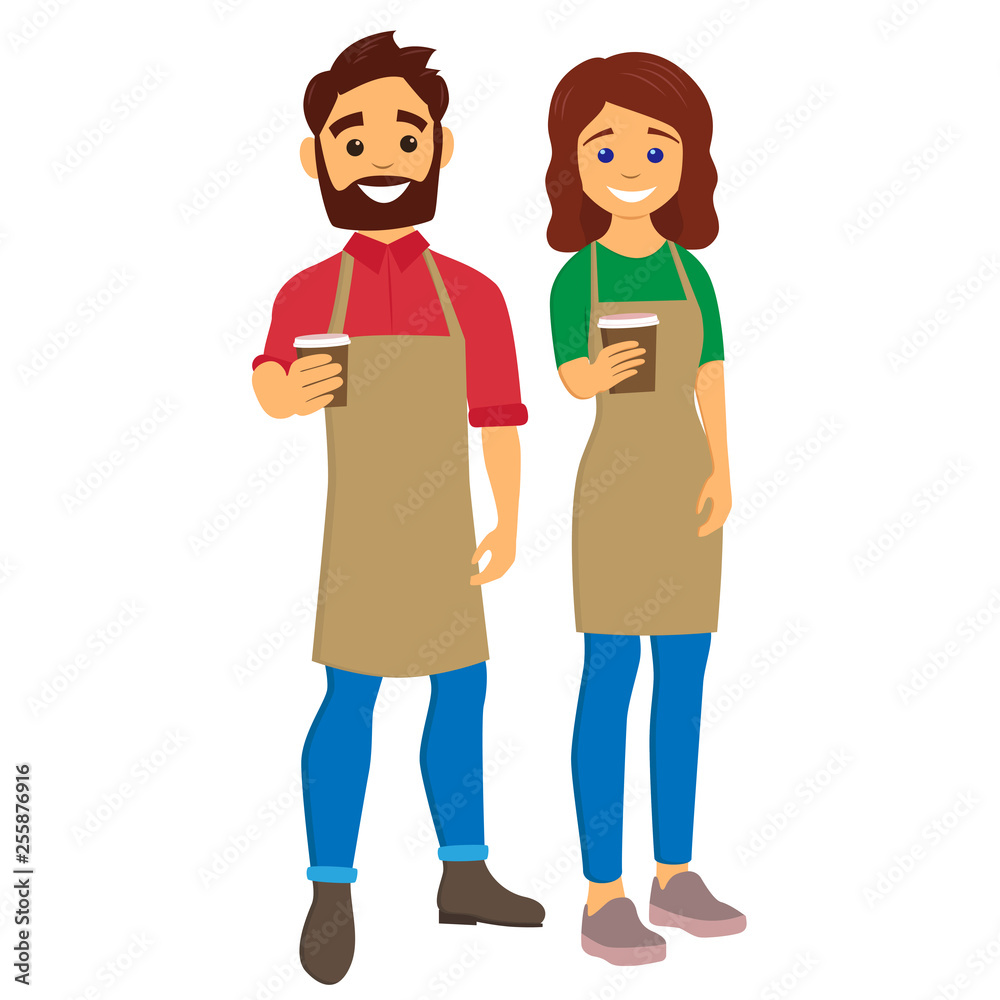 Baristas giving coffee to go. Young man and woman with an aprons. Character vector illustration Baristas giving coffee to go. Young man and woman with an aprons. Character vector illustration