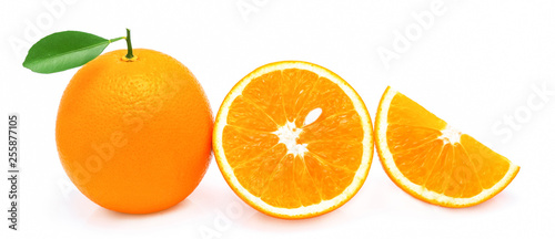Orange fruit with leaf isolated on white background