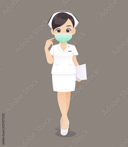 Nursing wears a protective mask, Cartoon woman doctor or nurse in white uniform holding a clipboard, Vector illustration in character design