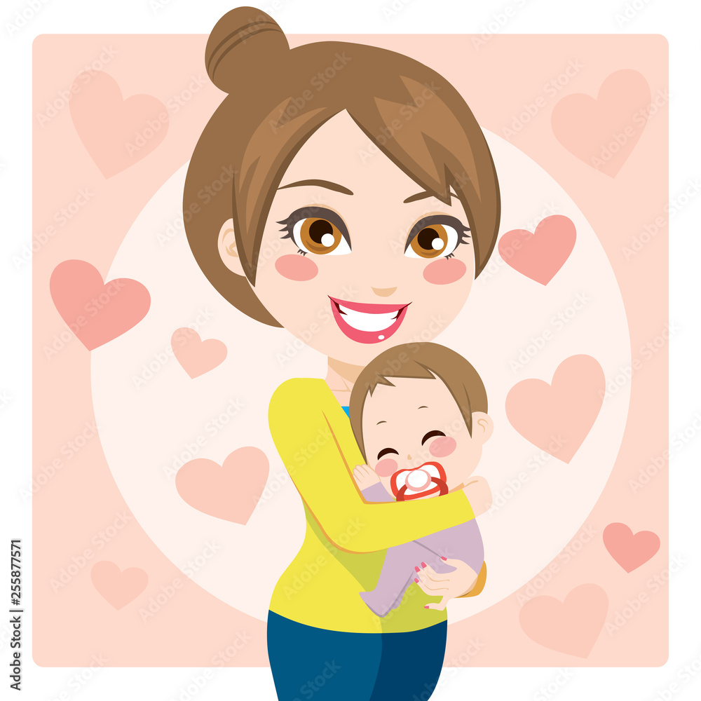 Beautiful young mom smiling holding embracing cute baby Beautiful young mom smiling holding embracing cute baby