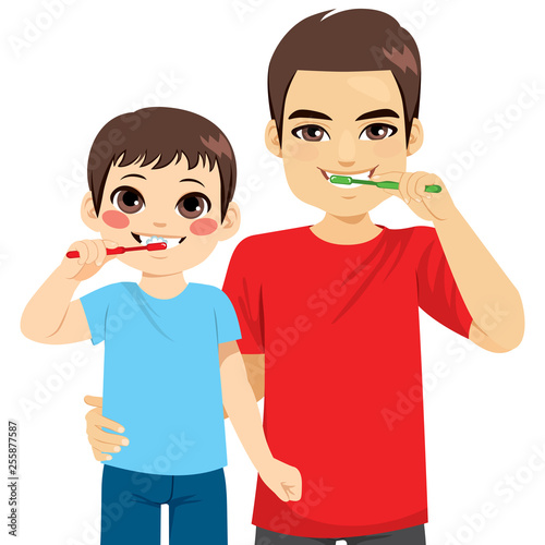 Dad and son brushing teeth together casual daily hygiene routine concept