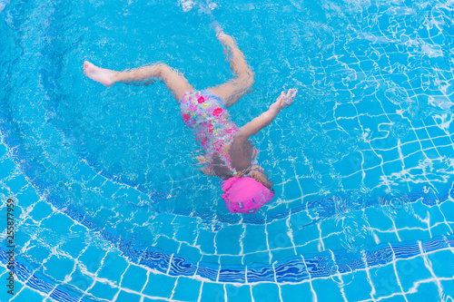 child girl drowning in pool. Child drowns in out door swimming pool while swimming alone, asking for help.