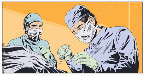Doctors in surgical masks. Operating room. Stock illustration.