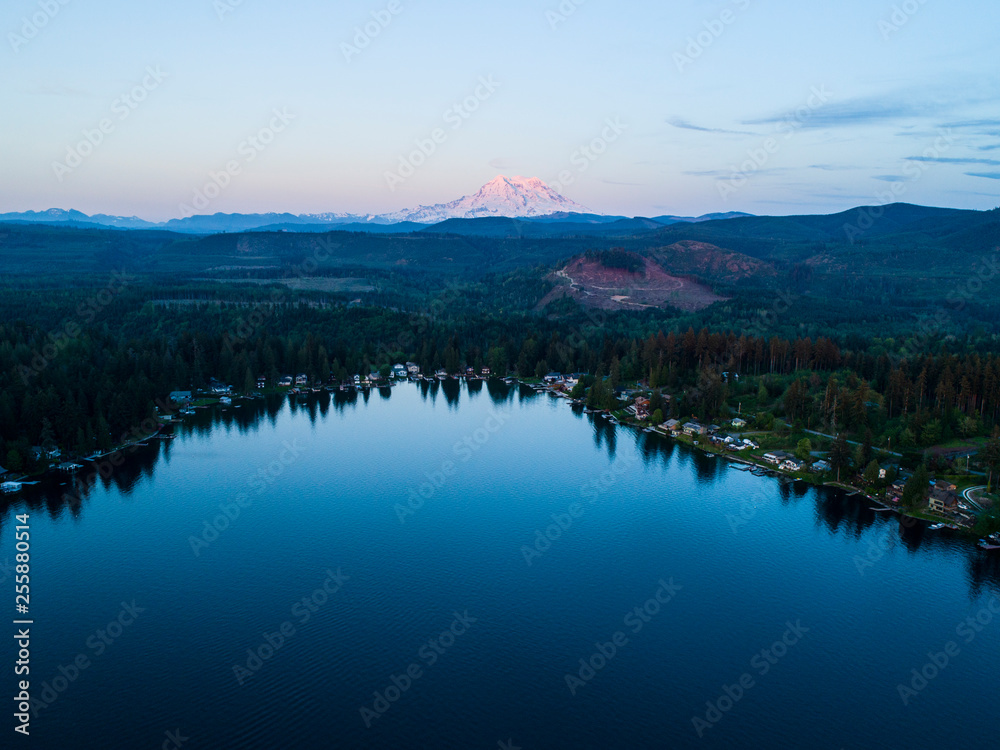 Sunset Mt Rainier View Forest Lake Washington State Pacific Northwest Evening Landscape