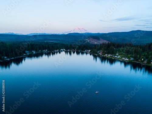 Mt Rainier Pink Light Background Above Lake With Fishing Boats Pacific NW Scene