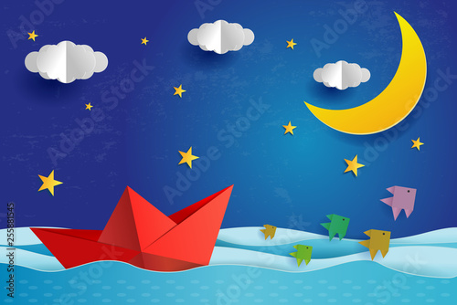 origami Paper boat at night on blue sea ocean. Surreal seascape with full moon with clouds and star, paper art and digital craft style, leadership concept, flat Vector illustration.