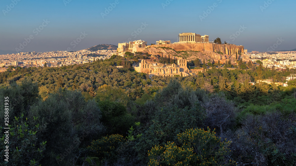 Panoramic view of the Acropolis of Athens, with the Parthenon Temple at sunset, Athens, Greece.