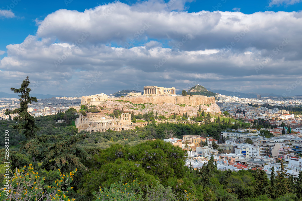 Athens skyline, with the Acropolis and Parthenon Temple, Athens, Greece.