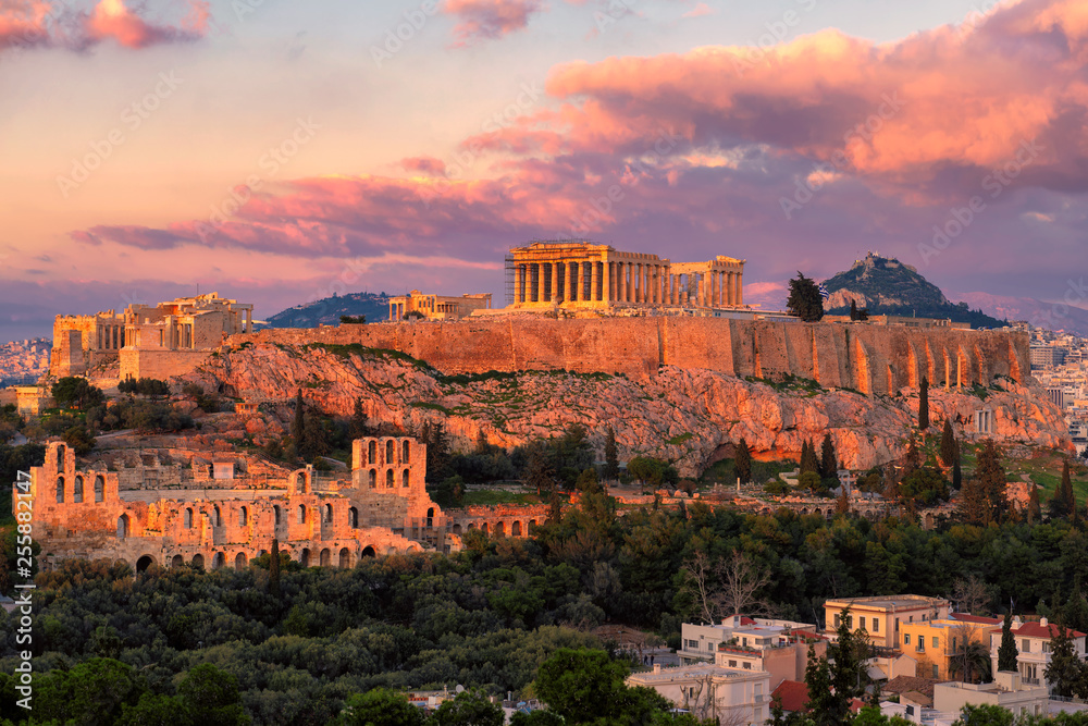 Sunset at the Acropolis of Athens, with the Parthenon Temple, Athens, Greece.