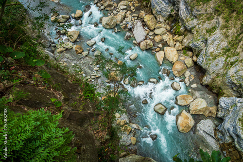 Taroko national park canyon landscape in Hualien, Taiwan. Natural canyon and river view of Swallow Grotto (Yanzikou) hiking trail.  photo