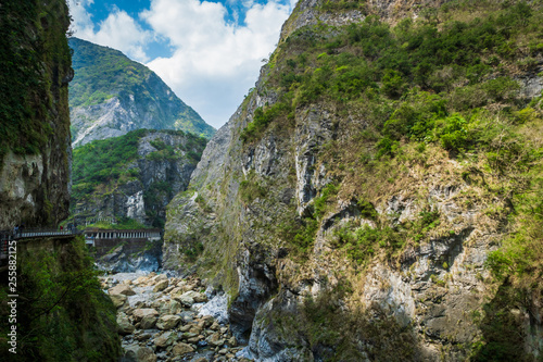 Taroko national park canyon landscape in Hualien, Taiwan. Natural canyon and river view of Swallow Grotto (Yanzikou) hiking trail.  photo