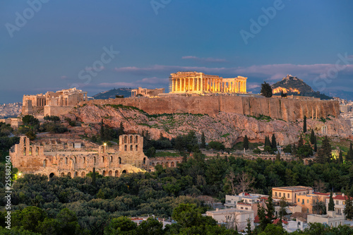The Acropolis of Athens, with the Parthenon Temple at night, Athens, Greece.